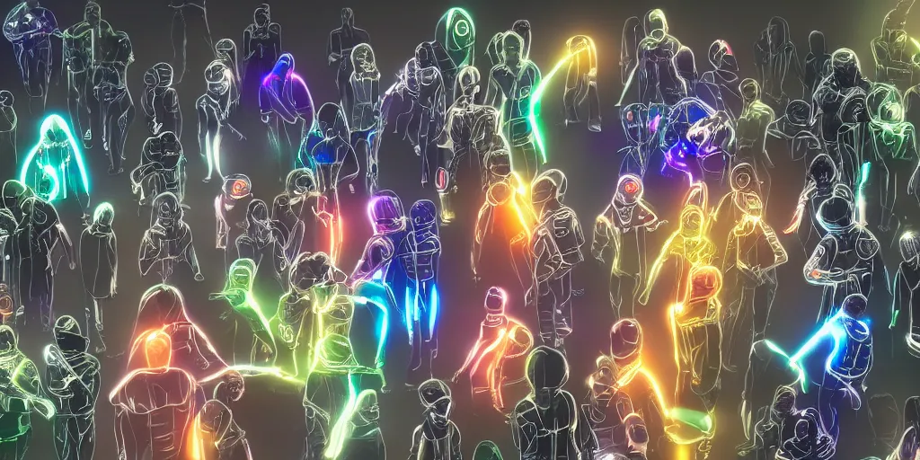 Image similar to diverse groups of cyborgs with glowing electronic bodies, from behind, rebirth, beauty, wide angle, elaborate, wet, highly detailed, colors, beautiful lighting