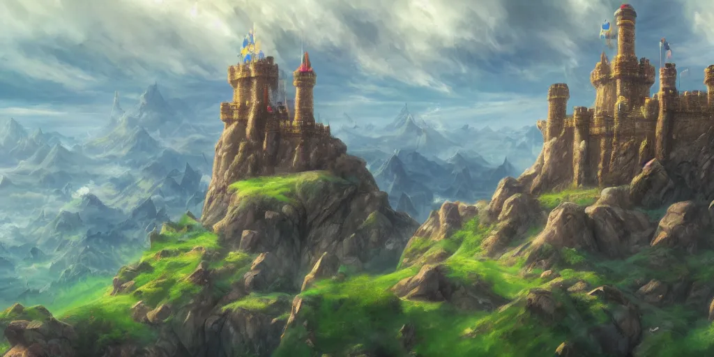 Prompt: Hyrule Castle in the sky | Featured on Artstation, Fantasy, professional art, 8k Ultra Resolution, HD wallpaper