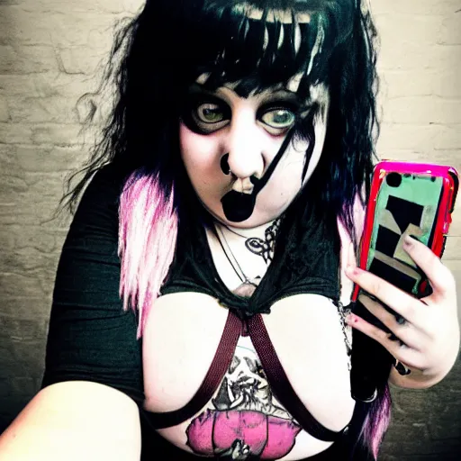 Image similar to a fat goth girl, teenage, selfie, grunge,