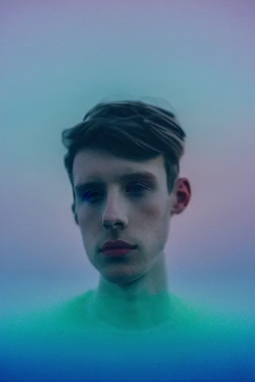 Prompt: high quality pastel coloured film mid angle selfie photograph of a beautiful young man, soft features, standing in an icelandic black rock environment. atmospheric. three point light. photographic. art directed. ( pastel colours ). volumetric light. stark. waves glitch. 8 k. filmic.