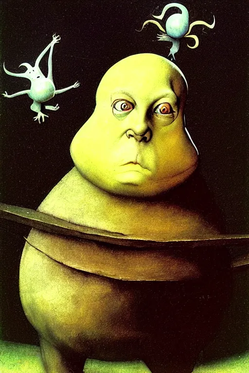 Prompt: hieronymus bosch, brian froud, painting of humpty dumpty