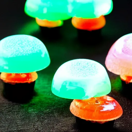 Image similar to bioluminescent jello mushrooms, high detail