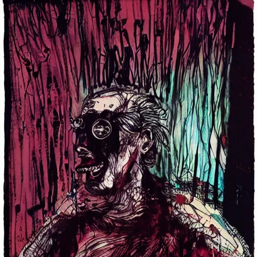 Image similar to Graphic Illustration, Creative Design, bad dream, Biopunk, Body horror, by Ralph Steadman, Francis Bacon, Hunter S Thompson