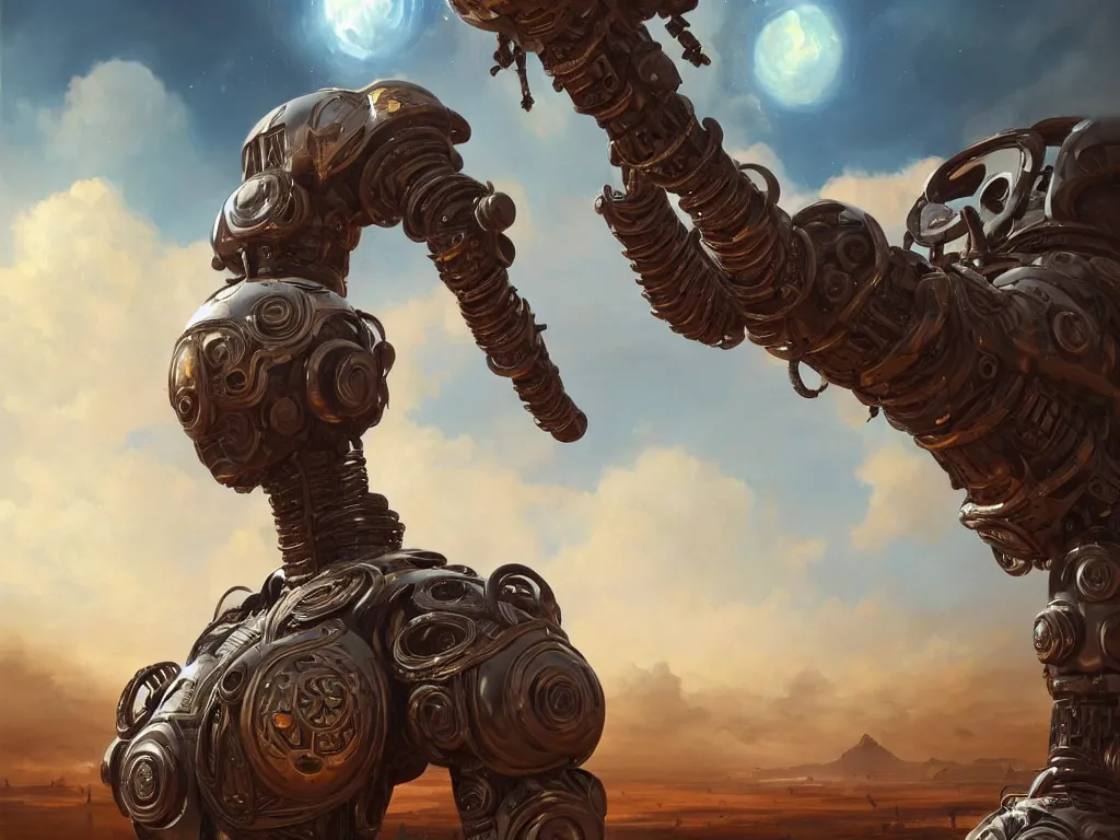 Image similar to a beautiful oil on canvas of a futuristic afrofuturistic robot soldier, ornate, detailed, intricate, beautiful, stunning, post - apocalyptic landscape in the background, epic sky, vray render, artstation, deviantart, pinterest, sci - fi, afrofuturism, 5 0 0 px models