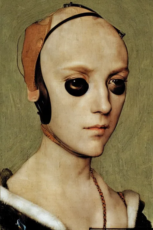 Image similar to a close - up portrait of a cyberpunk cyborg girl, by hans holbein the younger, rule of thirds