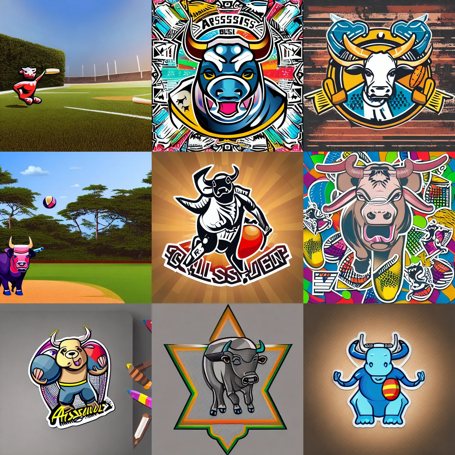 Image similar to “ aggressive bull with a cricket ball, full body mascot, sticker, highly detailed, colorful, illustration, smooth and clean vector curves, no jagged lines, low noise, vector art, logo ”