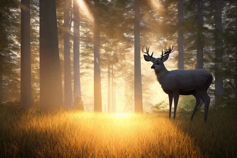 Prompt: a close up of the head of a deer with bright gold eyes in the foreground, background of a landscape misty forest scene, the sun glistening through the trees, hyper realistic photograph, octane render 8k, trending on artstation, unreal engine