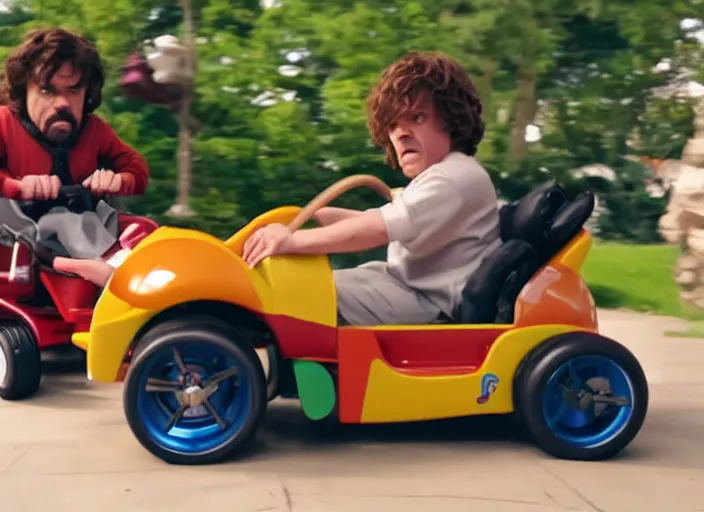 Image similar to peter dinklage racing against gary coleman driving a little tikes cozy coupe, movie still, from the new tokyo drift movie, 8 k, realistic