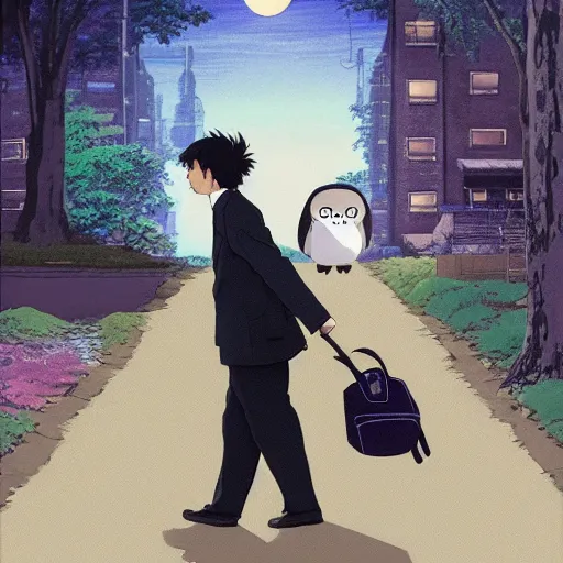 Image similar to still from studio ghibli movie My Neighbor Totoro, Hayao Miyazaki,barn owl in a black suit wearing an office bag going to the office, symetrical face,digital oil painting