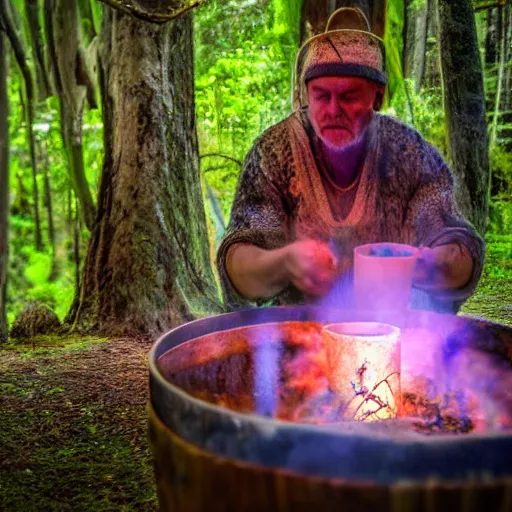 Image similar to a shaman preparing a magic decoction in a dreamy atmosphere, 4 k, 3 d, photo