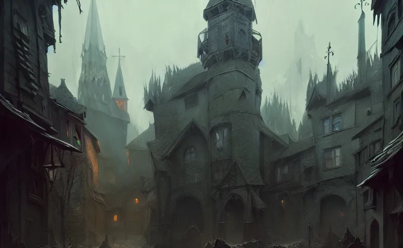 Prompt: epic concept art depicted an old medieval mystic town | art by jakub rebelka and thornton oakley and darek zabrocki and harvey dunn | dramatic mood, overcast mood, dark fantasy environment | trending on artstation, unreal engine, hyperreal movie shot