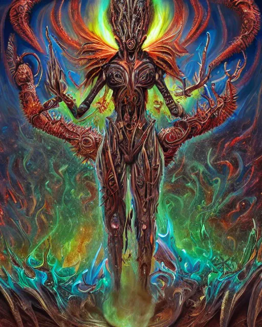 Image similar to silver mechanical charred bloody fleshmetal cyborg daemonhost woman psychedelic flamer of tzeentch with extra arms, blue and green rainbow fire, by antonio j. manzanedo, alex grey, android jones, wayne barlowe, philippe druillet, raymond swanland, cyril rolando, josephine wall, cronenburg, trending on artstation