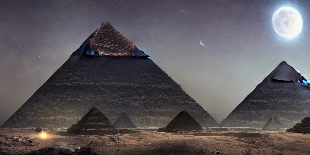 Prompt: huge asteroid impacting the pyramids, a lot of flying debris, greg rutkowski, 8 k, shallow depth of field, full moon, ultra high detail, concept art,