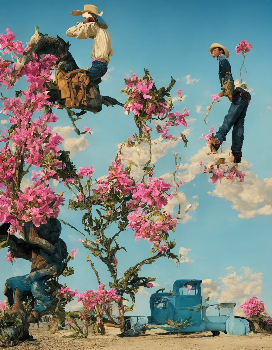 Prompt: a cowboy turning into blooms by slim aarons, by zhang kechun, by lynda benglis. tropical sea slugs, angular sharp tractor tires. complementary bold colors. warm soft volumetric dramatic light. national geographic. 8 k, rendered in octane, smooth gradients. by antonio canova by gian lorenzo bernini.