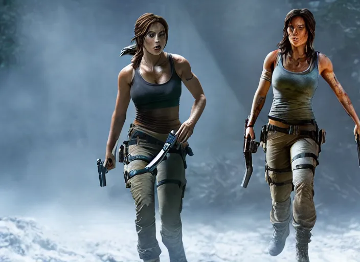 Image similar to film still of!!!! chloe bennett!!! as lara croft in new tomb raider movie, 8 k