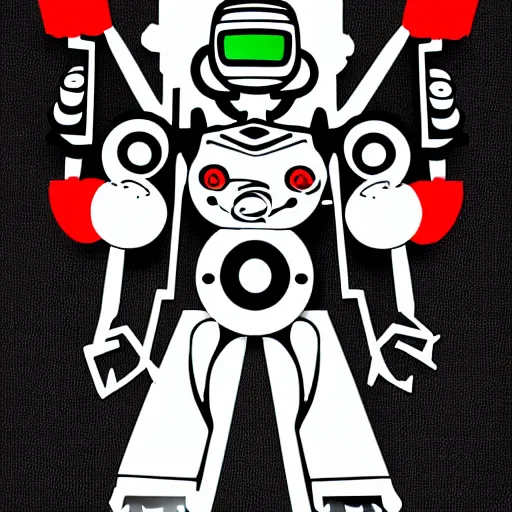 Image similar to svg vector sticker of, Robot-Mecha, rocking out, wearing headphones, huge speakers, dancing, rave, DJ, spinning records, digital art, amazing composition, rule-of-thirds, award-winning, trending on artstation, featured on deviantart