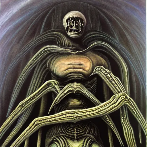 Image similar to peer into the depths of the endless cosmic void. behold your fears. hr giger, oil on canvas