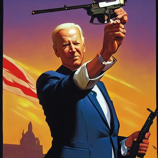 Image similar to propaganda poster of joe biden pointing gun directly at camera in james bond movie, closeup of gun, visible barrel and grip by j. c. leyendecker, bosch, lisa frank, jon mcnaughton, and beksinski