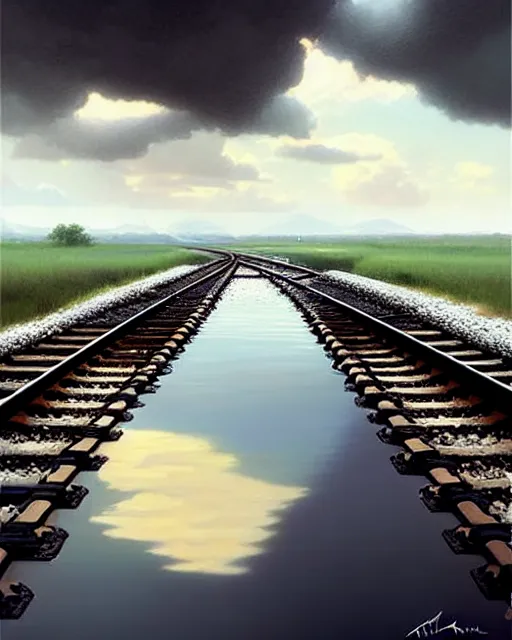 Prompt: shallow reflective water completely covers submerged train tracks that are barely visible as a girl carries her shoes, there is a train station in the distance and large white clouds on a wide horizon, intricate, elegant, highly detailed, digital photo, artstation, concept art, smooth, sharp focus, art by artgerm and greg rutkowski and fra angelico