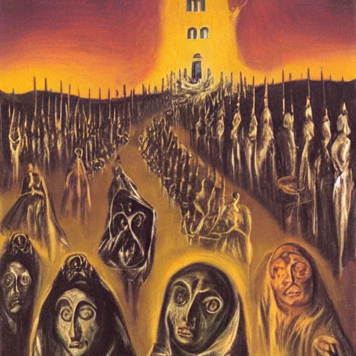 Prompt: A Holy Week procession of souls in a Spanish landscape at night. A figure at the front holds a cross. El Greco, Remedios Varo y Salvador Dali.