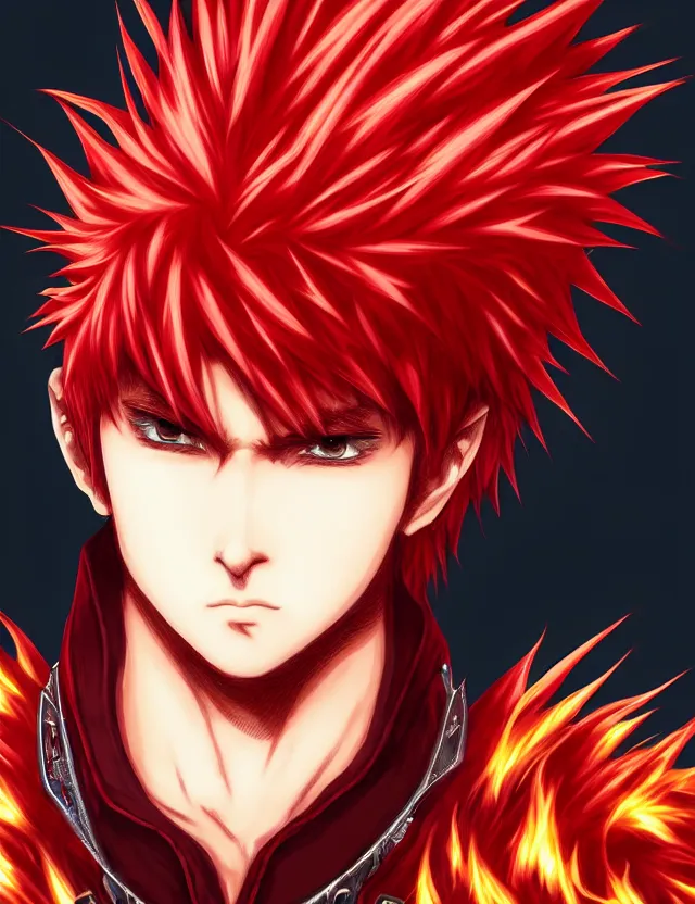 Image similar to a detailed manga portrait of a handsome man with spiked crimson hair in fiery crimson crystalline armour, trending on artstation, digital art, 4 k resolution, detailed, high quality, sharp focus, hq artwork, coherent, insane detail, character portrait