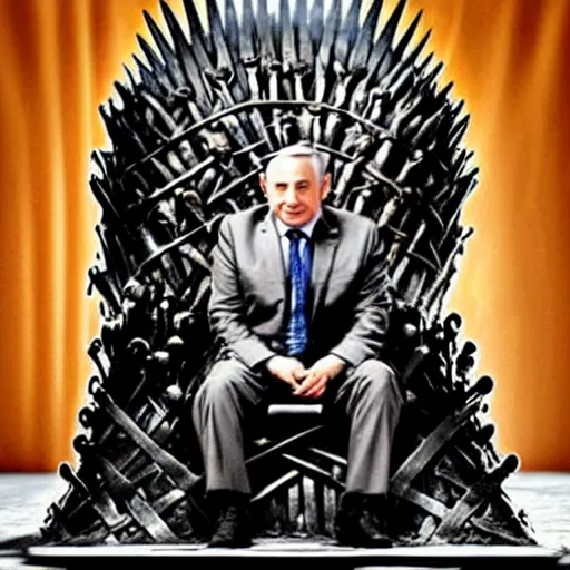 Prompt: “Benjamin Netanyahu sitting on the iron throne, 4k, award winning, realistic, scene from game of thrones”