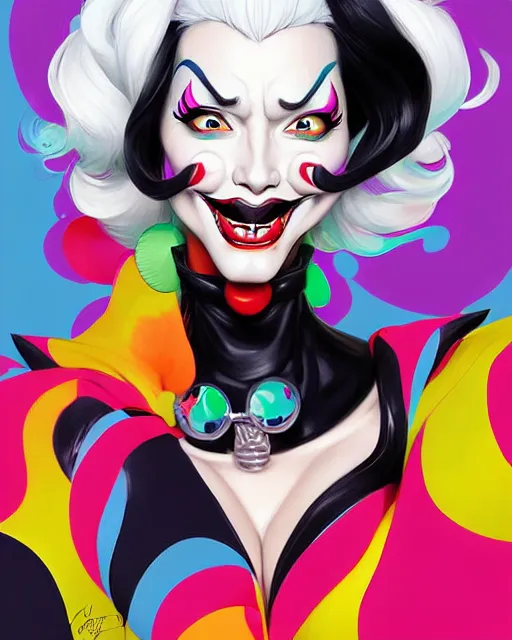 Image similar to digital art, centered portrait of smiling cruella deville, happy, colorfull, joyeous by james jean and by artgerm, by ross tran, ultradetailed, charachter design, concept art, trending on artstation,
