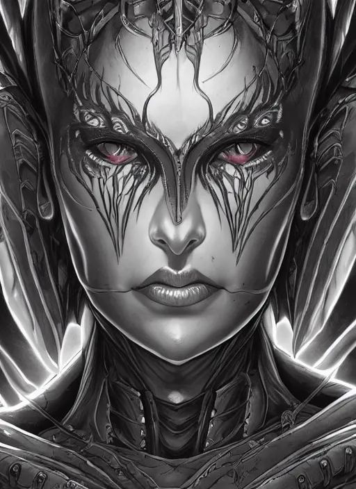 Image similar to a detailed face portrait of the queen of blades, line art, diablo 4 lilith, by yusuke murata, by hiroya oku, trending on artstation