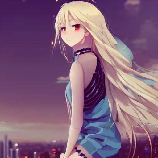 Image similar to a giant very beautiful anime girl, full body, long wavy blond hair, sky blue eyes, full round face, short smile, cute top, miniskirt, sitting on a miniature city, cinematic lightning, medium shot, mid-shot, highly detailed, trending on Artstation, Unreal Engine 4k, cinematic wallpaper by Stanley Artgerm Lau, WLOP, Rossdraws, James Jean, Andrei Riabovitchev, Marc Simonetti, and Sakimichan