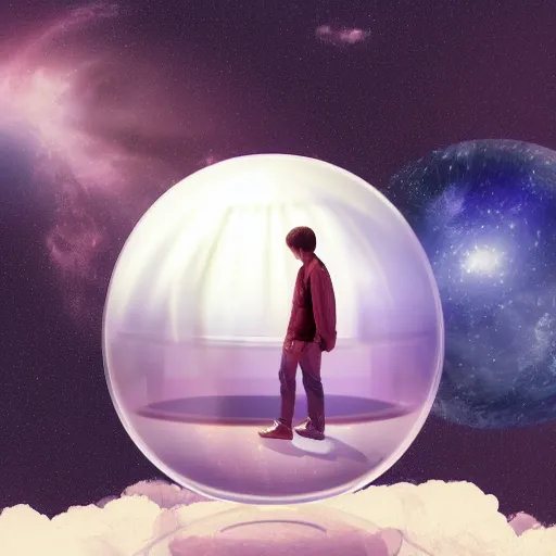 Image similar to a young man alone in an enormous transparent spherical capsule in the middle of outer space, digital art