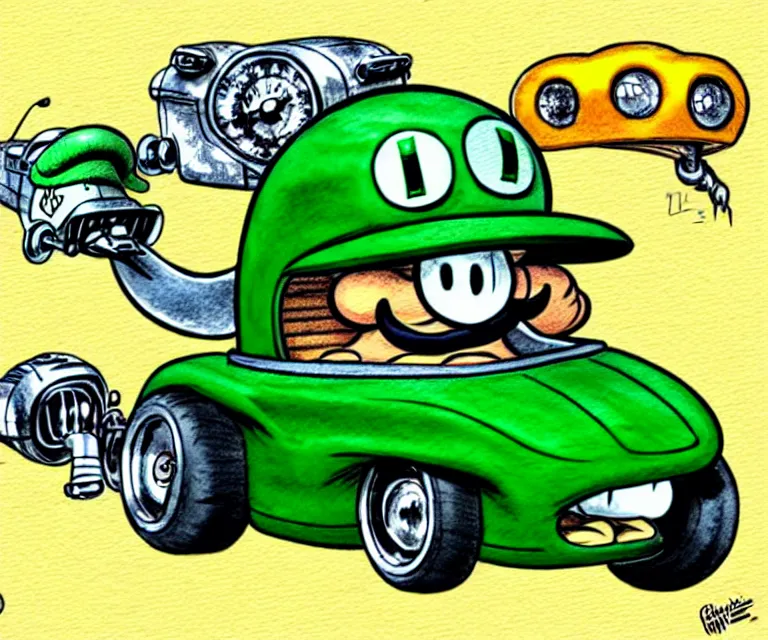 Prompt: cute and funny, luigi the green, wearing a helmet, driving a hotrod, oversized enginee, ratfink style by ed roth, roth's drag nut fuel, centered award winning watercolor pen illustration, isometric illustration by chihiro iwasaki, the artwork of r. crumb and his cheap suit, cult - classic - comic,