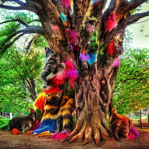 Prompt: Giant Tree Filled with multicolored cats HDR