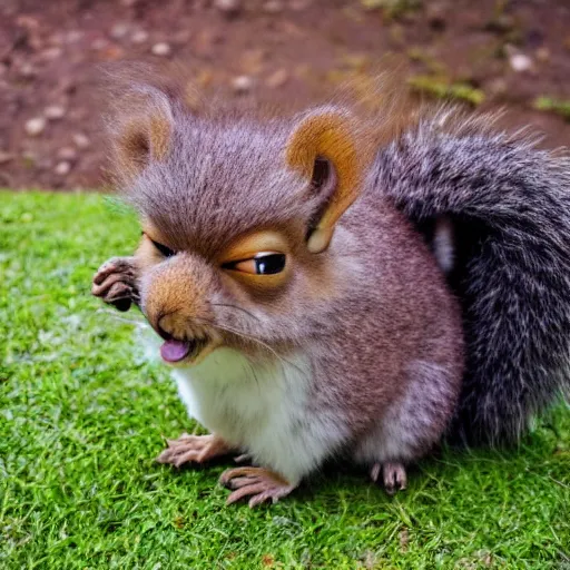 Prompt: trialcam footage of a long furby eating a squirrel