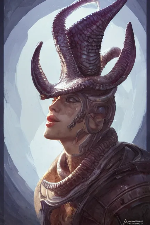 Image similar to portrait of the Plectronoceras cephalopod wizard wearing the epic artifact headgear by artgerm and Craig Mullins, James Jean, Andrey Ryabovichev, Mark Simonetti and Peter Morbacher 16k