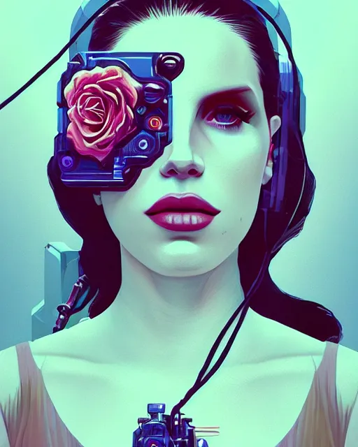 Image similar to portrait of lana del rey as a cyberpunk cyborg. sci - fi intricate abstract upper body intricate artwork, roses, rose petals by tooth wu, wlop, beeple, dan mumford. concept art, octane render, trending on artstation, greg rutkowski, asymmetrical, cinematic arthouse, key art, hyper realism, iridescent accents