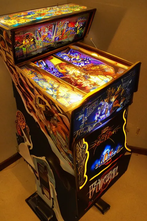 Prompt: pinball machine designed by brian froud