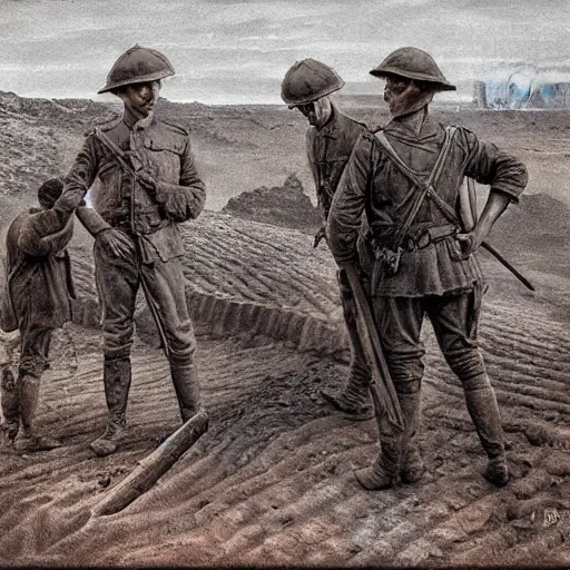 Image similar to ultra detailed photorealistic sepia - toned painting from 1 9 1 7, three british soldiers standing at an archaeological dig site in wadi rum, ultra realistic, painted, intricate details, lovecraft, atmospheric, dark, horror, brooding, highly detailed, by dave dorman