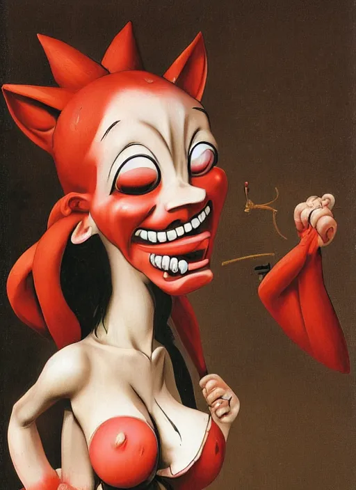 Prompt: a grotesque oil painting of an anime girl figurine caricature with a big dumb grin featured on Ren and Stimpy by Caravaggio