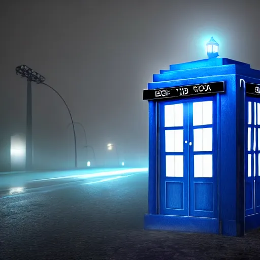 Image similar to a hyperdetailed photograph of the tardis sat on a futuristic street corner, night, dense fog, rain, hd, 8 k resolution