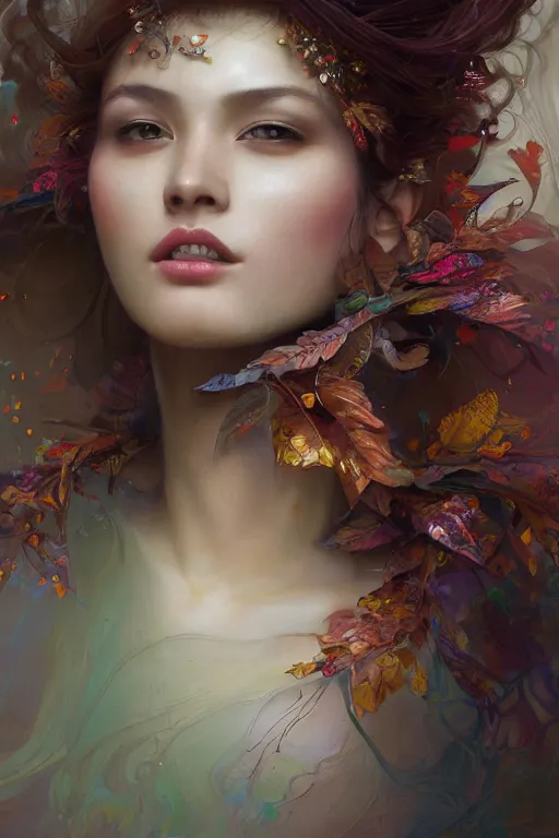 Prompt: face closeup of beautiful girl in intricate detailed color oilpaint, 3 d render, hyper realistic detailed portrait, flocking color leaves, ornate leaves headpiece, intense colors, ruan jia, wlop. scifi, fantasy, hyper detailed, octane render, concept art, by peter mohrbacher, by alphonse mucha, by wlop, by ruan jia