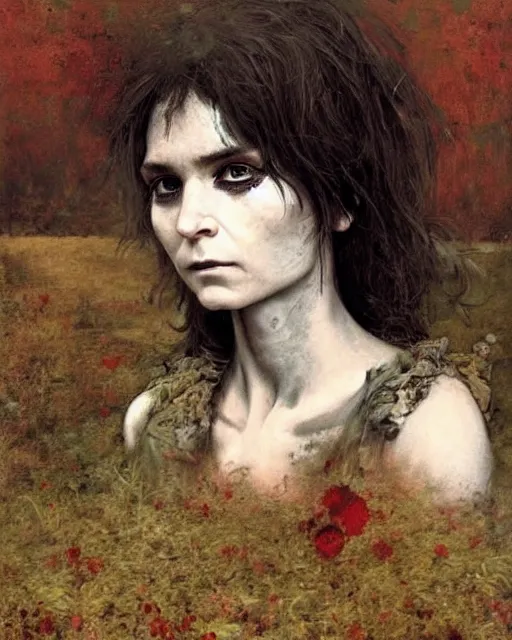 Image similar to a beautiful but sinister girl who looks like a young shirley henderson in dead space, with haunted eyes and crazy hair, eerie moorlands behind her, horrifying, 1 9 7 0 s, seventies, delicate embellishments, a little blood, crimson, painterly, offset printing technique, by jules bastien - lepage