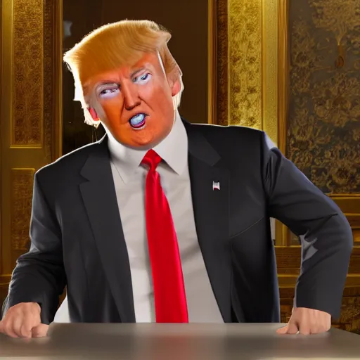 Image similar to Doge with donald trump body, realistic artstyle, wide shot, dramatic lighting, octane render, hyperrealistic, high quality, highly detailed, HD, beautiful, cinematic, 8k, unreal engine, facial accuracy, symmetrical