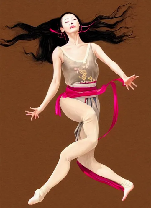 Prompt: full body portrait of a dancer throwing silk belts, feet, barefoot, full body, tanned, vivacious, athletic, hanfu, chinese ribbon dance, wide ribbons, silk belt, wuxia, martial arts, ming dynasty, detailed, realistic face, anatomically accurate, fantasy illustration, dnd, deviantart, artstation, wlop.