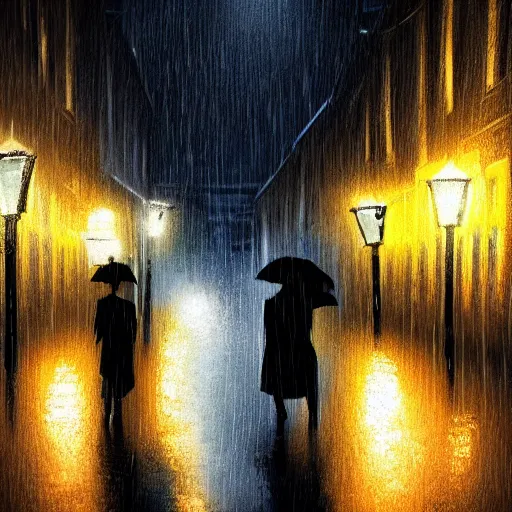 Prompt: an emotional picture of two shadowy figures under one umbrella at night in an ally, it is raining heavily, street lanterns are shining, they are reflected on the rainy street, 35mm, juno filter, motion blur, trending on artstation