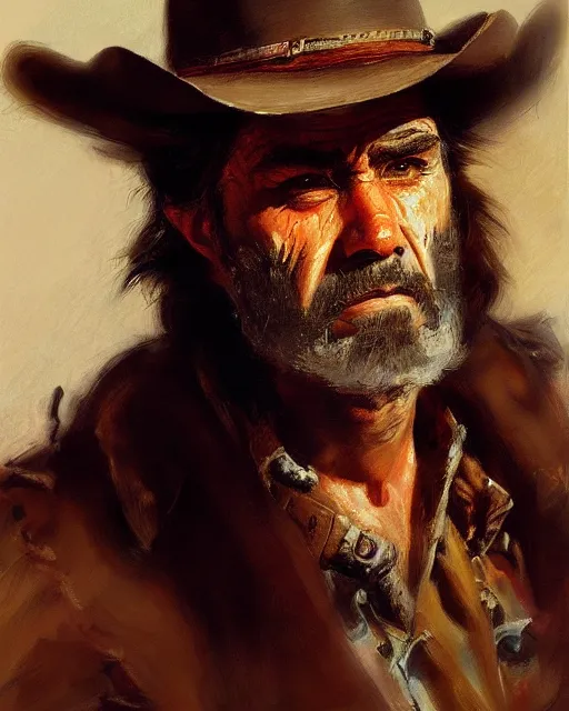 Image similar to portrait of a rugged bandit, western oil painting, thomas moran, artstation