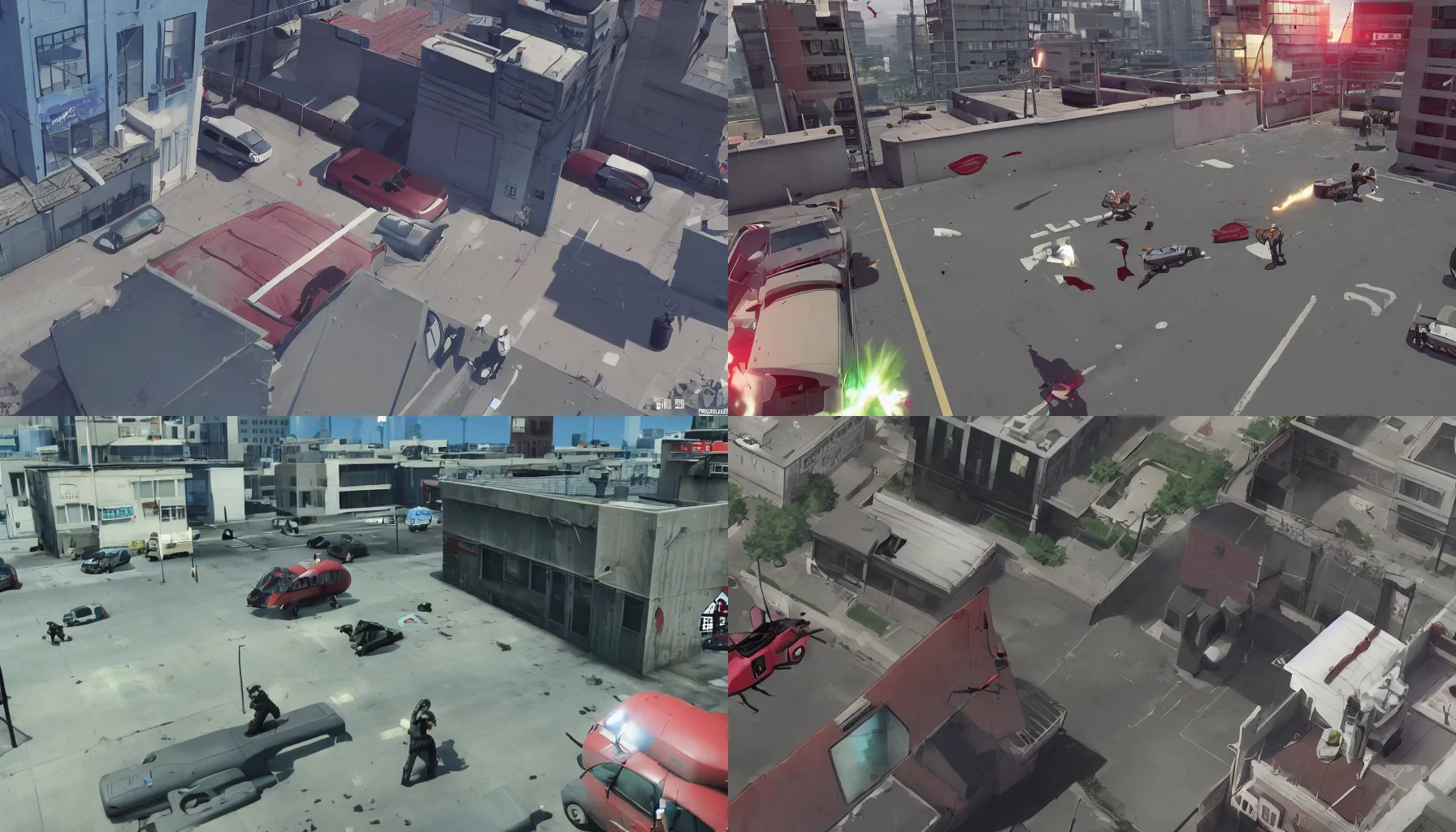 Prompt: a screenshot of a 1:00am bloody rooftop shootout between Police in a helicopter with searchlight and bank robbers in a multiplayer stealth first person bank robbery simulator game, set in 1998, anime style graphics inspired by Akira + Heat + FLCL, Unreal engine 5, anime bullet vfx, Highly Detailed, Vibrant, created by Arc System Works + Hideo Kojima + Studio Gainax