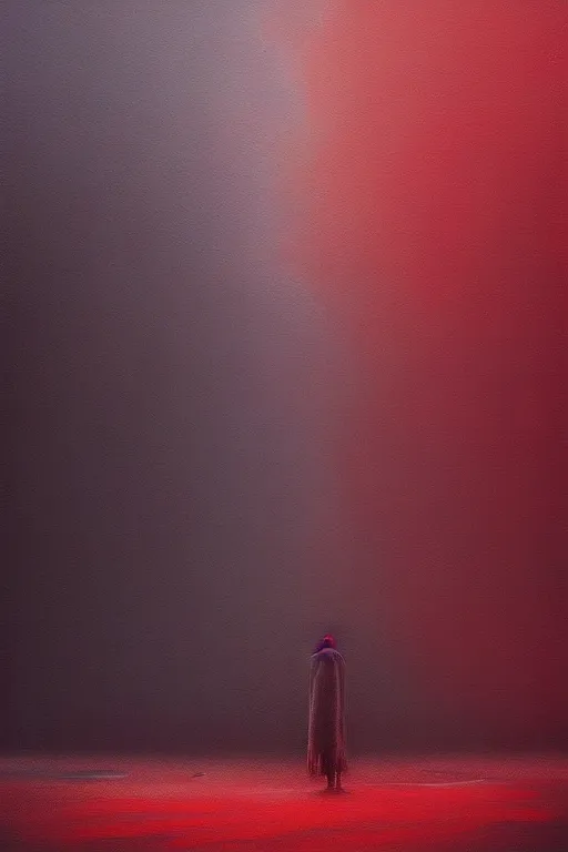 Image similar to a painting of a person standing in the snow, blizzard, a surrealist painting by zdzisław beksinski and by alena aenami, deviantart, nuclear art, dystopian art, apocalypse landscape, red color scheme, surrealist