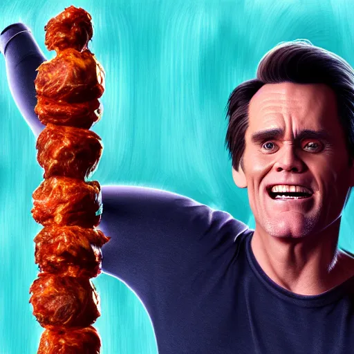 Image similar to jim carrey is fused into a meat stick, hyperdetailed, artstation, cgsociety, 8 k