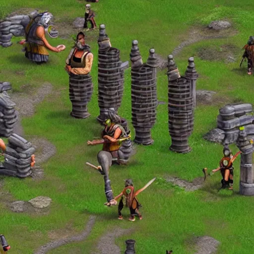 Image similar to a group of giant minions standing near a Town Center in the game Age of Empires