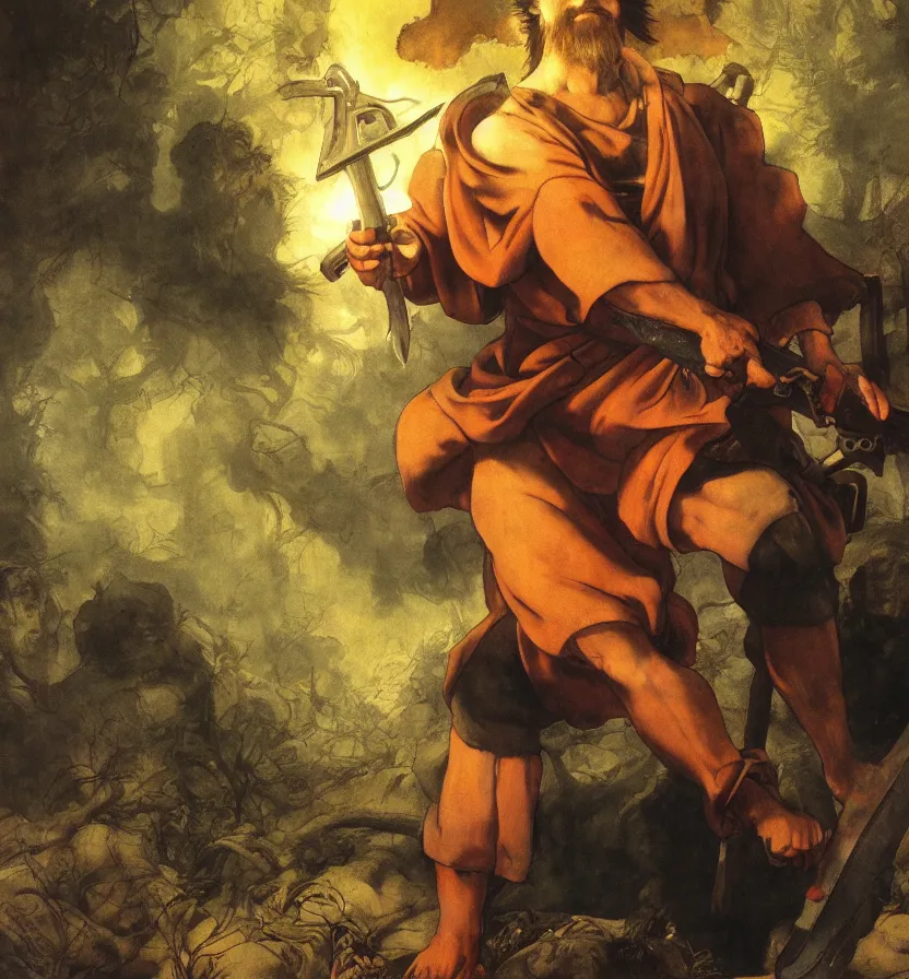 Prompt: a scene of jesus christ holding a chainsaw, digital painting, 4 k wallpaper, by hayao miyazaki, kentaro miura, by rembrandt, by moebius, by michelangelo, by frank frazetta, beautiful, holy, gorgeous, biblical, masterpiece